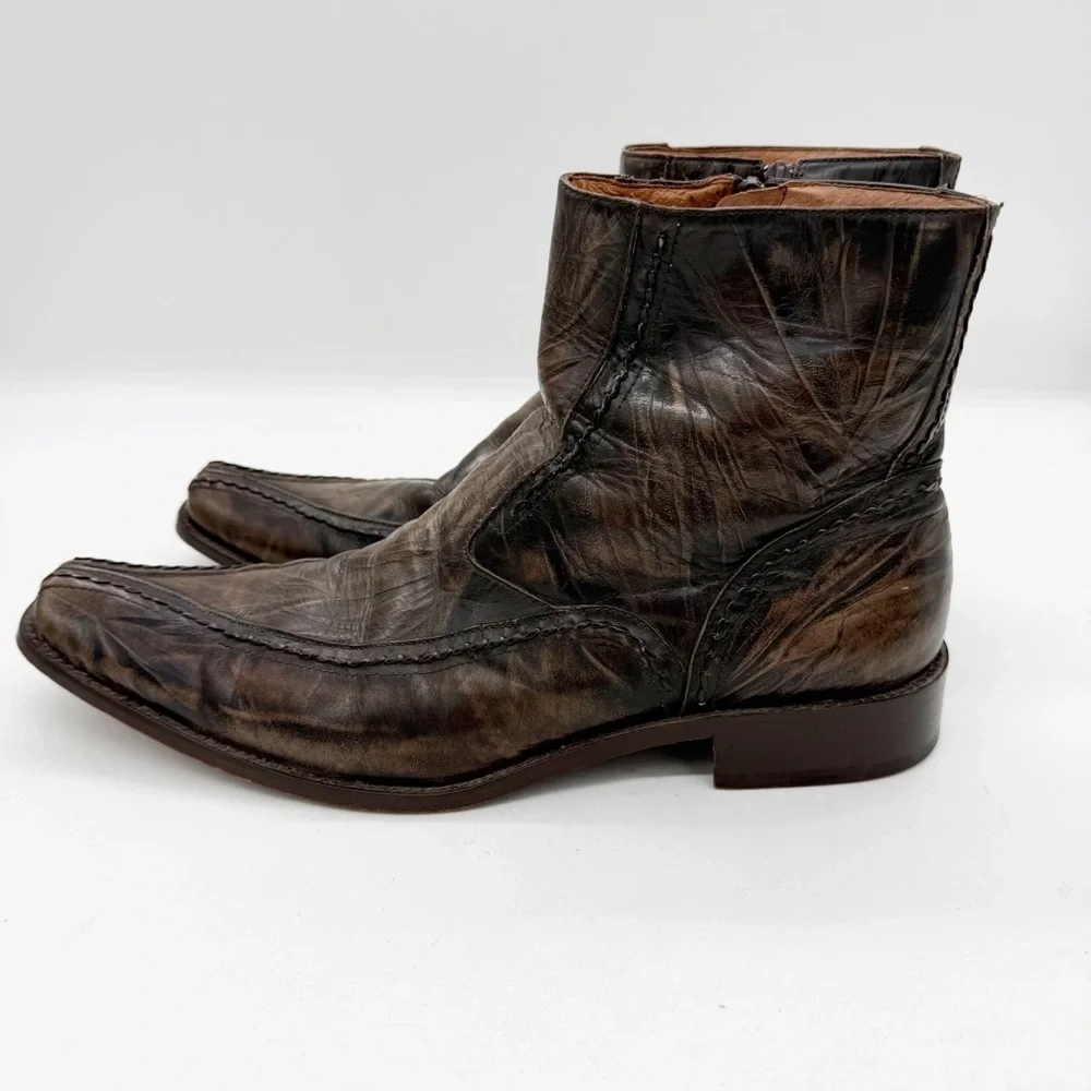 Bacco Bucci Brown Distressed Leather Western Ankle Boot Size 13 Square Toe